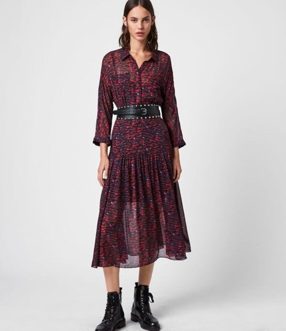 NWOT All Saints Long Sleeve Sheer Jewel Tone Feather Print Dress Size 6